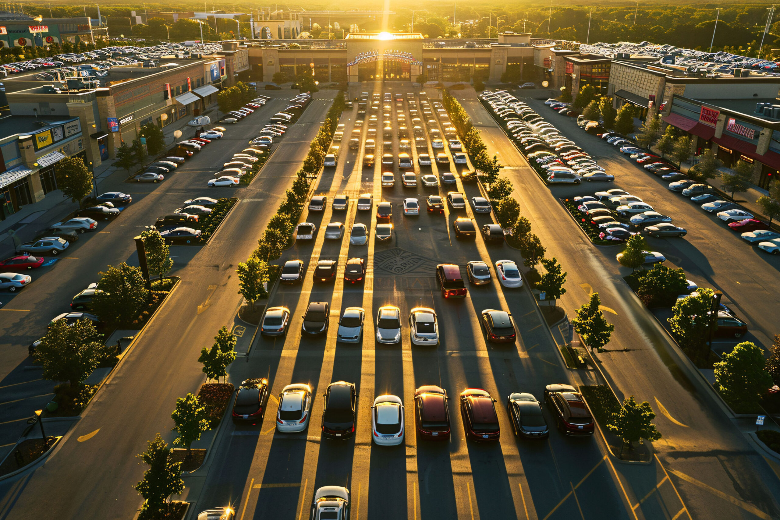 Grand parking urbain avec plusieurs voitures stationnées, éclairé par la lumière du coucher de soleil.